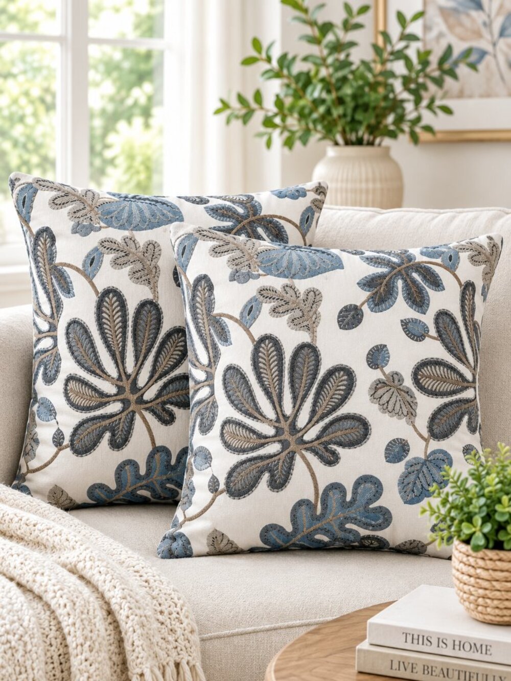 Set of 2 Jacquard Tropical Leaf Throw Pillow Covers | 20x20 | NWT | Blue & Cream